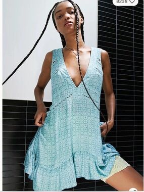 Free People Teal V-Neck Mini Dress with Lace Insets